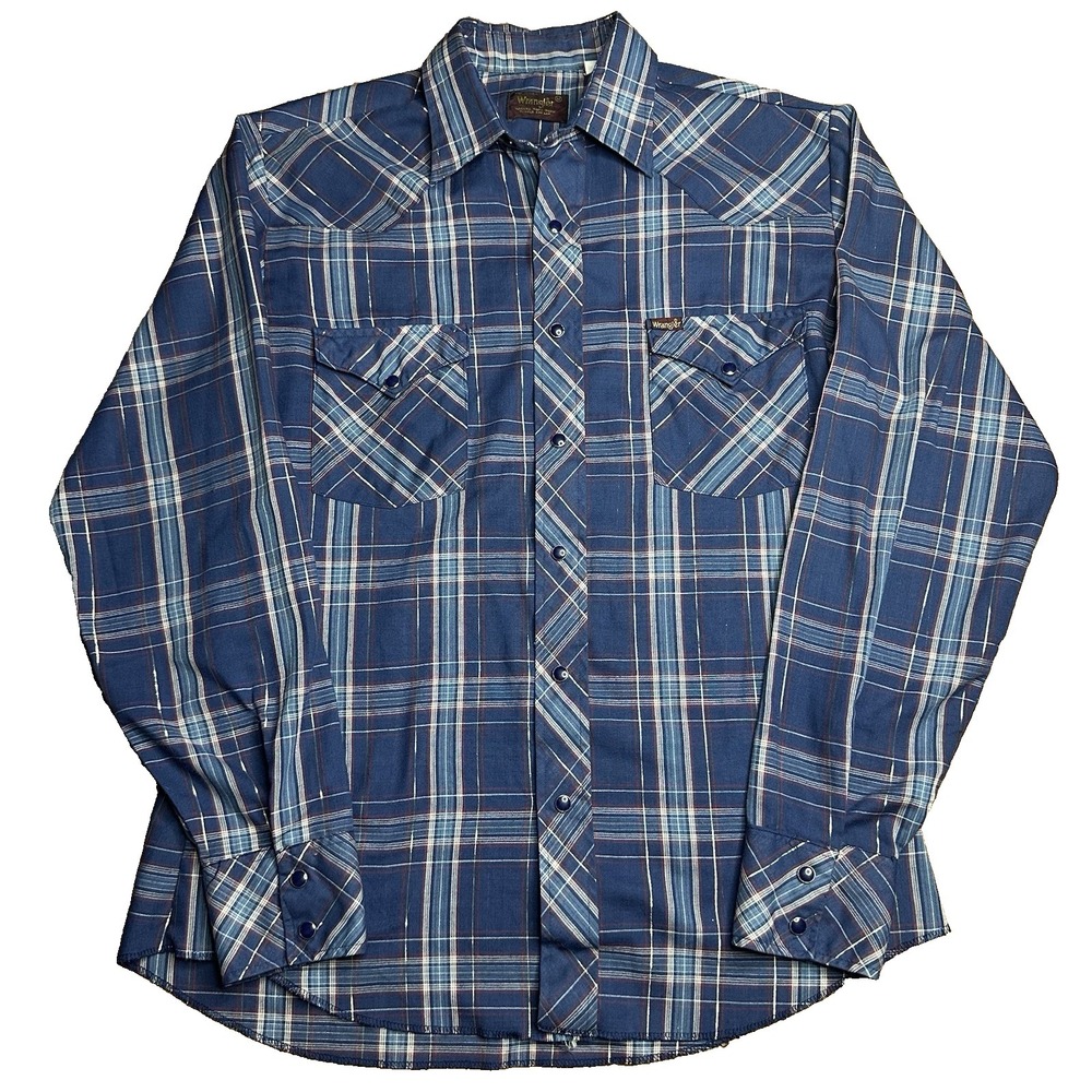 Vintage Wrangler Pearl Snap Shirt Mens Medium Blue Plaid Paper Thin Made in USA